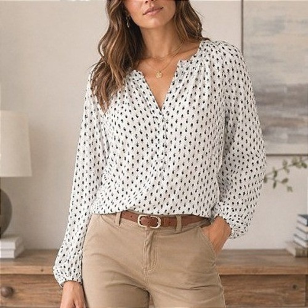 Lucky Brand Ivory Ditsy Floral Ivory Fray Seams Peasant Boho 100% Silk Blouse M